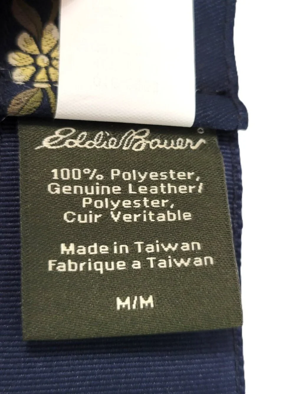 NWT Eddie Bauer Navy Blue Floral Jacquard Ribbon Leather O-Ring Belt M